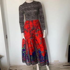 Vintage jumpsuit with dress overlay red animal & floral print 1970s size xs